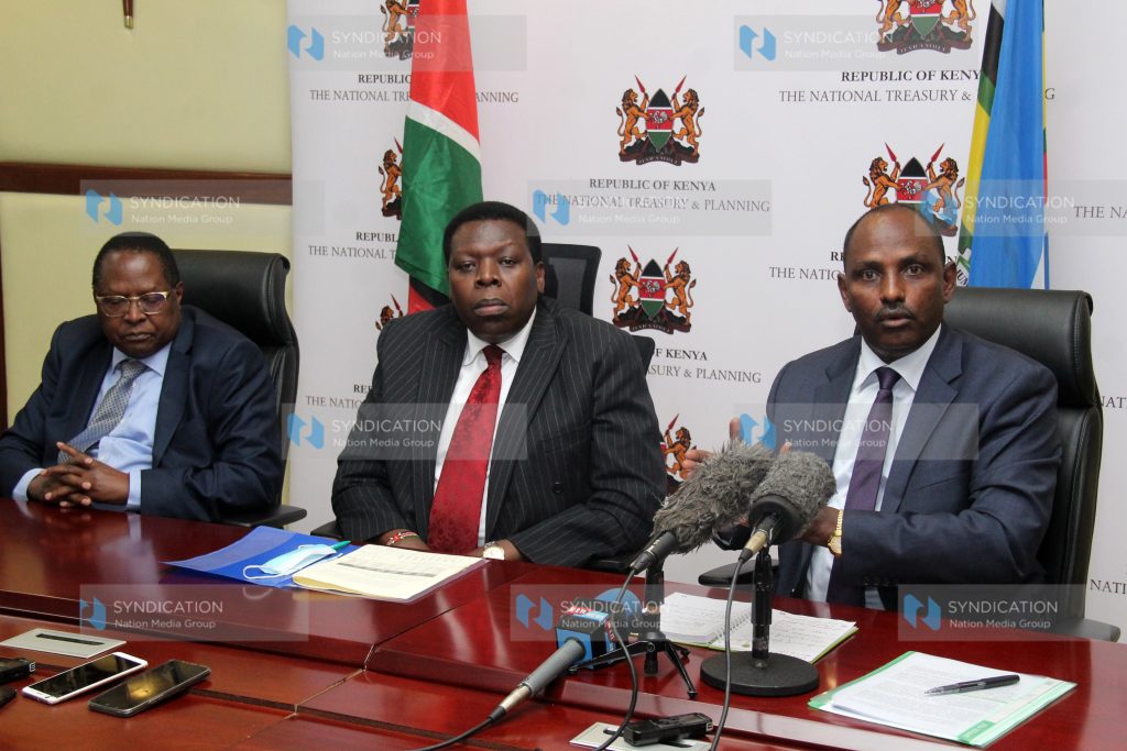National Treasury and Planning Cabinet Secretary Ukur Yatani, Devolution Cabinet Secretary Eugene Wamalwa, and Council of Governors Chair Martin Wambora