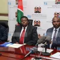National Treasury and Planning Cabinet Secretary Ukur Yatani, Devolution Cabinet Secretary Eugene Wamalwa, and Council of Governors Chair Martin Wambora