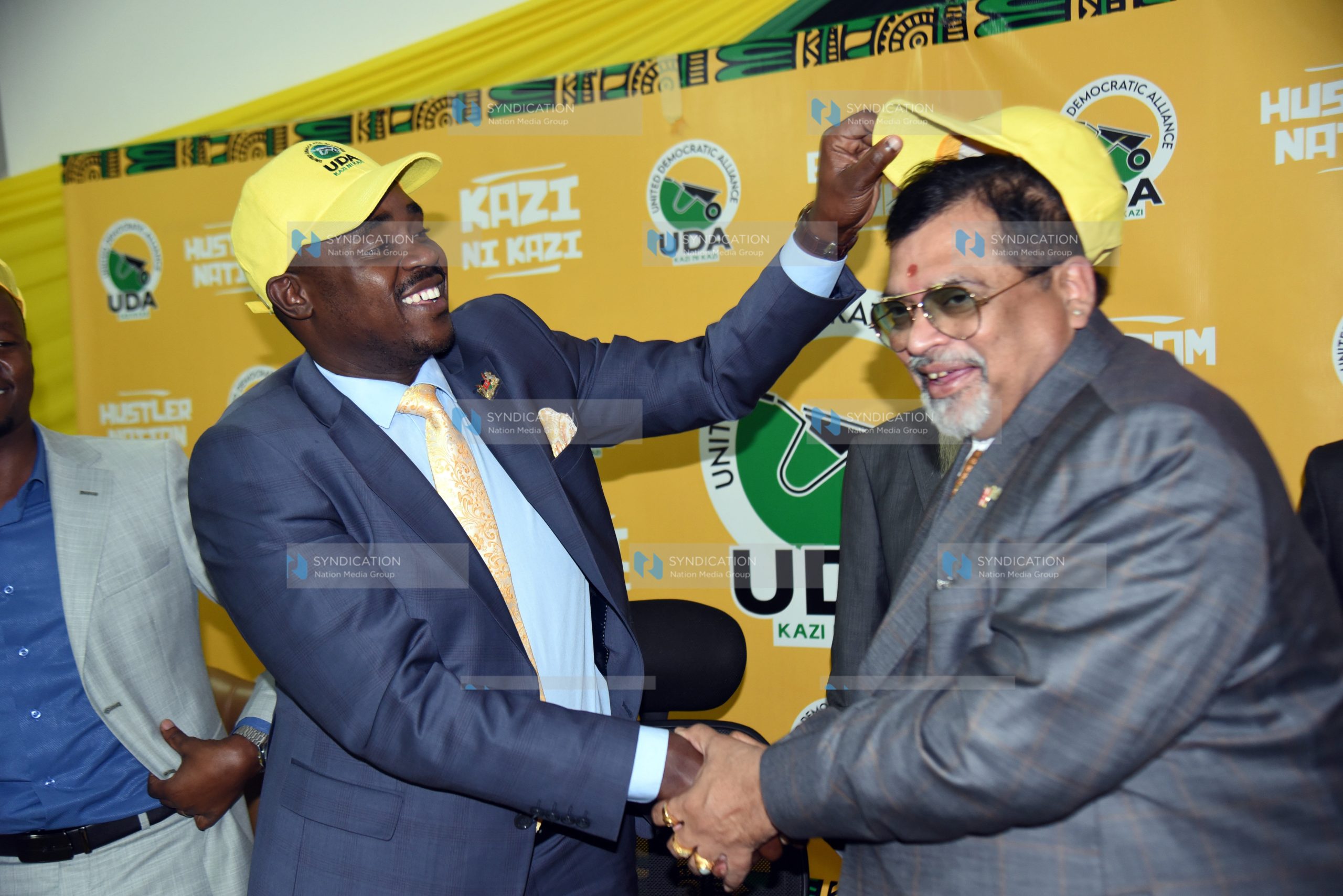 United Democratic Alliance (UDA) Secretary General Cleophas Malala receives former Kesses MP Dr. Swarup Mishra