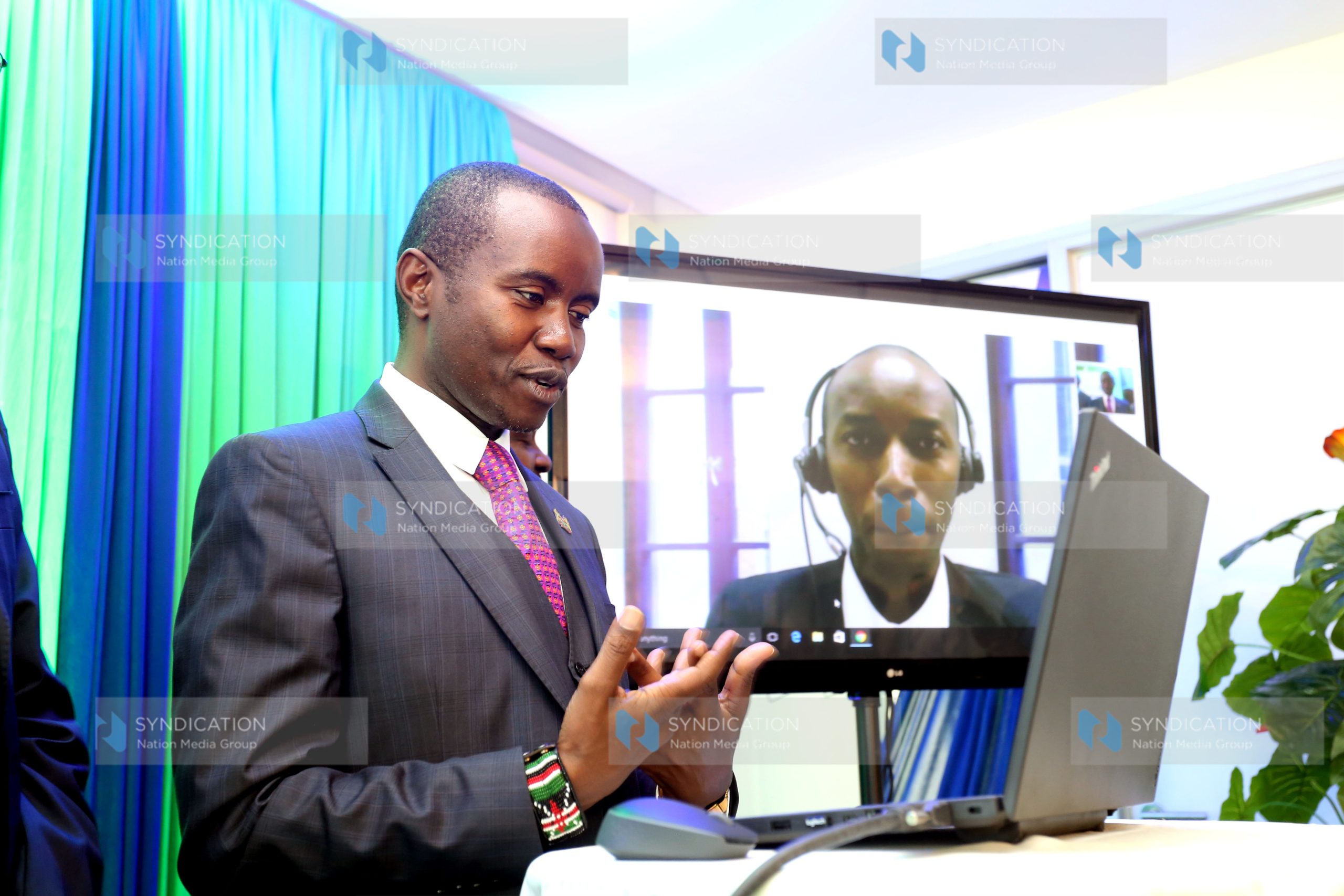 ICT CS Joe Mucheru during the Standard Chartered Bank Video and Banking services launch
