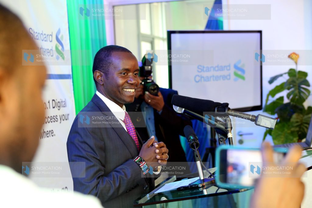 ICT Cabinet Secretary Joe Mucheru during the Standard Chartered Bank Video and Banking services launch