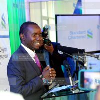 ICT Cabinet Secretary Joe Mucheru during the Standard Chartered Bank Video and Banking services launch