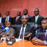 Suba South MP John Mbadi flanked by some NASA leaders address the media