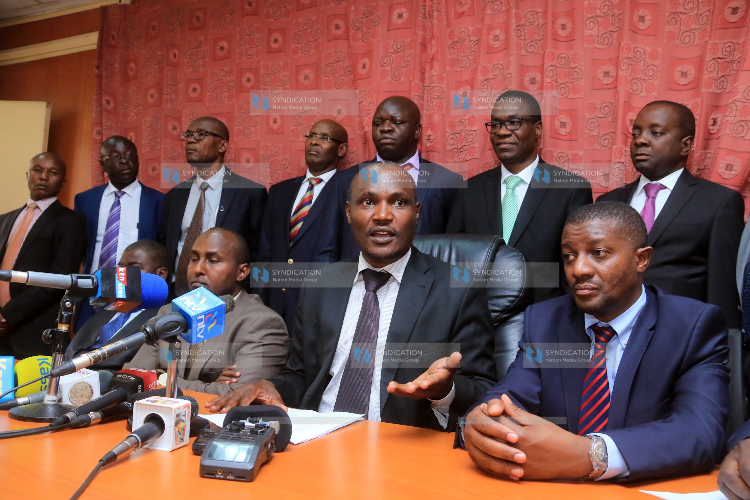 Suba South MP John Mbadi flanked by some NASA leaders address the media