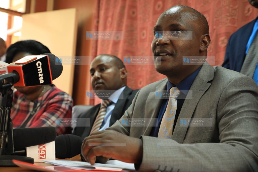 ODM leaders led by Chairman John Mbadi address the media at parliament buildings