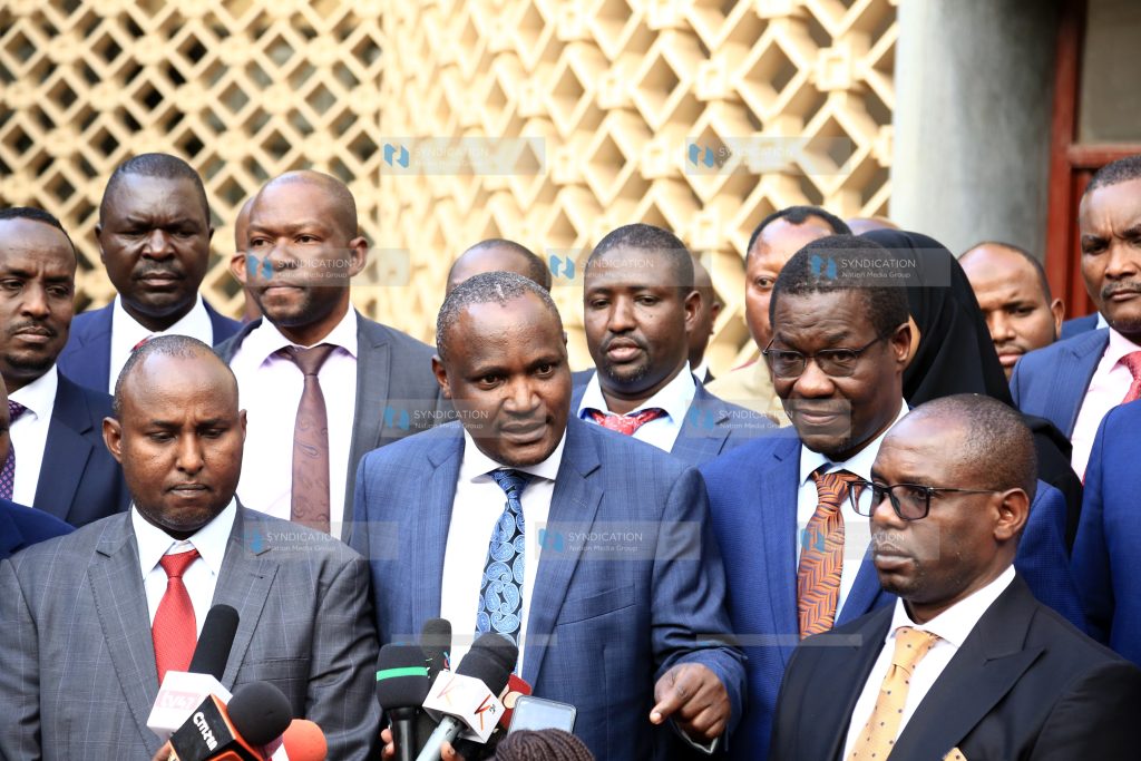 Some of Azimio leaders led by John Mbadi addressing the media
