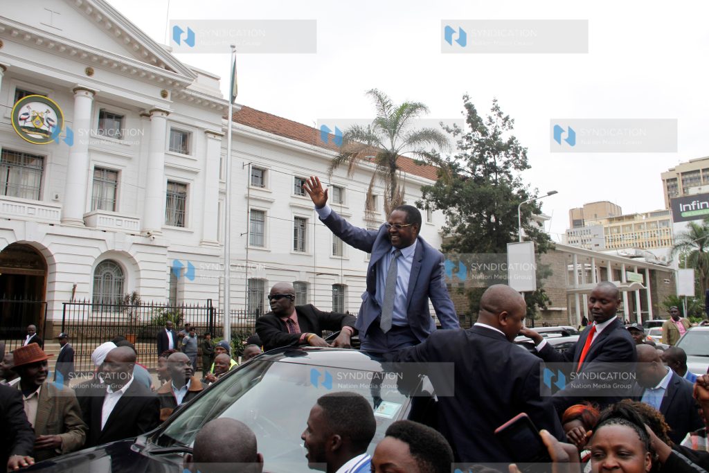 Embu Governor Martin Wambora celebrates with his supporters outside the Court of Appeal
