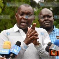 Kapseret MP Oscar Sudi, accompanied by former Wareng County Council Chairman Paul Kiprop, addresses the press