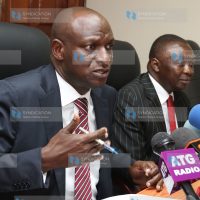 Energy Cabinet Secretary Charles Keter (left) and Energy PS Joseph Njoroge during press conference