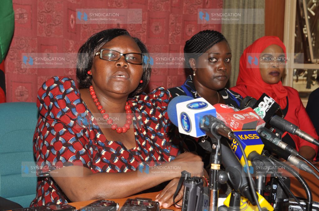 Women Members of Parliament Grace Kiptui (Baringo County), Roselinda Soipan Tuya (Narok County), and Tiya Galgalo (Isiolo County) address the media