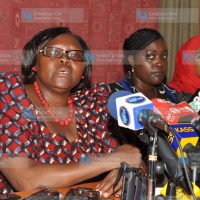 Women Members of Parliament Grace Kiptui (Baringo County), Roselinda Soipan Tuya (Narok County), and Tiya Galgalo (Isiolo County) address the media