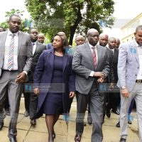 Former Deputy President Rigathi Gachagua, accompanied by his wife Pastor Dorcus Rigathi and DCP Deputy Party Leader Cleophas Malala