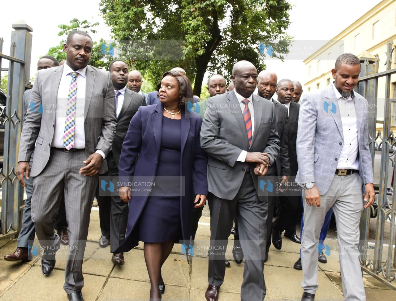 Former Deputy President Rigathi Gachagua, accompanied by his wife Pastor Dorcus Rigathi and DCP Deputy Party Leader Cleophas Malala