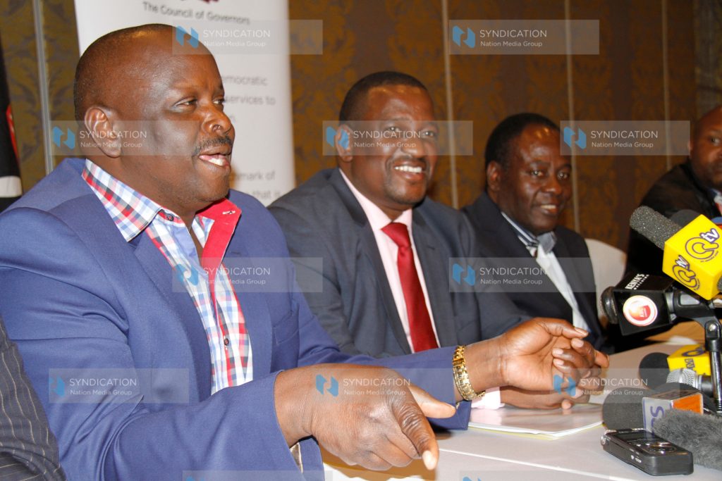 Isaac Ruto, Kwale Governor Salim Mvurya, and Nyeri Governor Nderitu Gachagua address the media