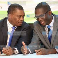 Speaker of the National Assembly Justin Muturi having a word with IEBC CEO Ezra Chiloba
