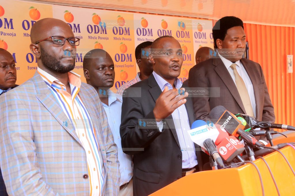 ODM chairperson John Mbadi addresses the media at Orange House