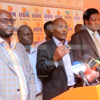 ODM chairperson John Mbadi addresses the media at Orange House