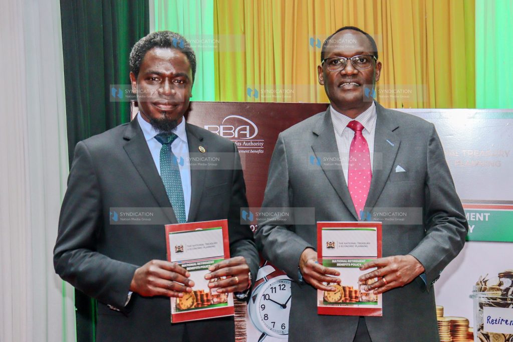 Retirement Benefits Authority Chairman Nelson Havi and National Treasury Principal Secretary Chris Kiptoo