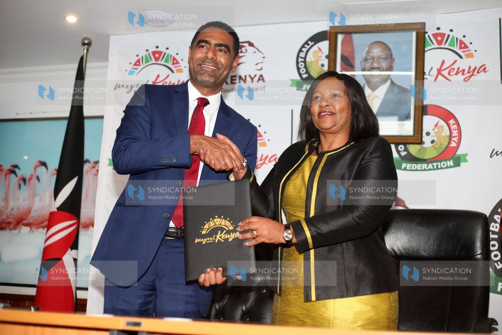 FKF President Hussein Mohammed with CS for Tourism and Wildlife Rebecca Miano