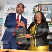 FKF President Hussein Mohammed with CS for Tourism and Wildlife Rebecca Miano
