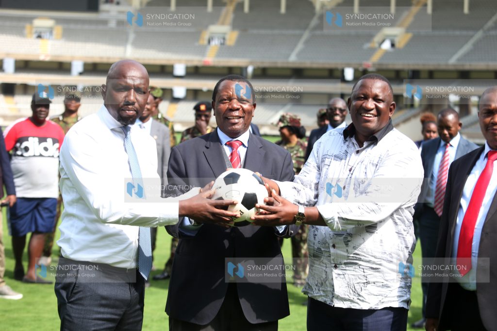 African Nations Championship (CHAN) Local Organizing Committee chairman Nicholas Musonye, CA Interior and National Administration Kipchumba Murkomen and CS Creative Economy and Sports Salim Mvurya