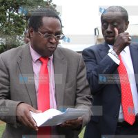Embu Governor Martin Wambora (left), flanked by his lawyer Paul Muite, addresses the media