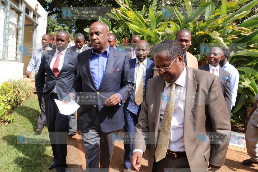 Embu Governor Martin Wambora (right) welcomes KANU Chairman and Baringo Senator Gideon Moi