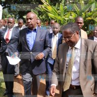 Embu Governor Martin Wambora (right) welcomes KANU Chairman and Baringo Senator Gideon Moi