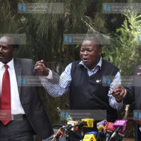KNUT Secretary General Wilson Sossion, KUPPET Secretary General Akelo Misori and KNUT chairman Mudzo Nzili