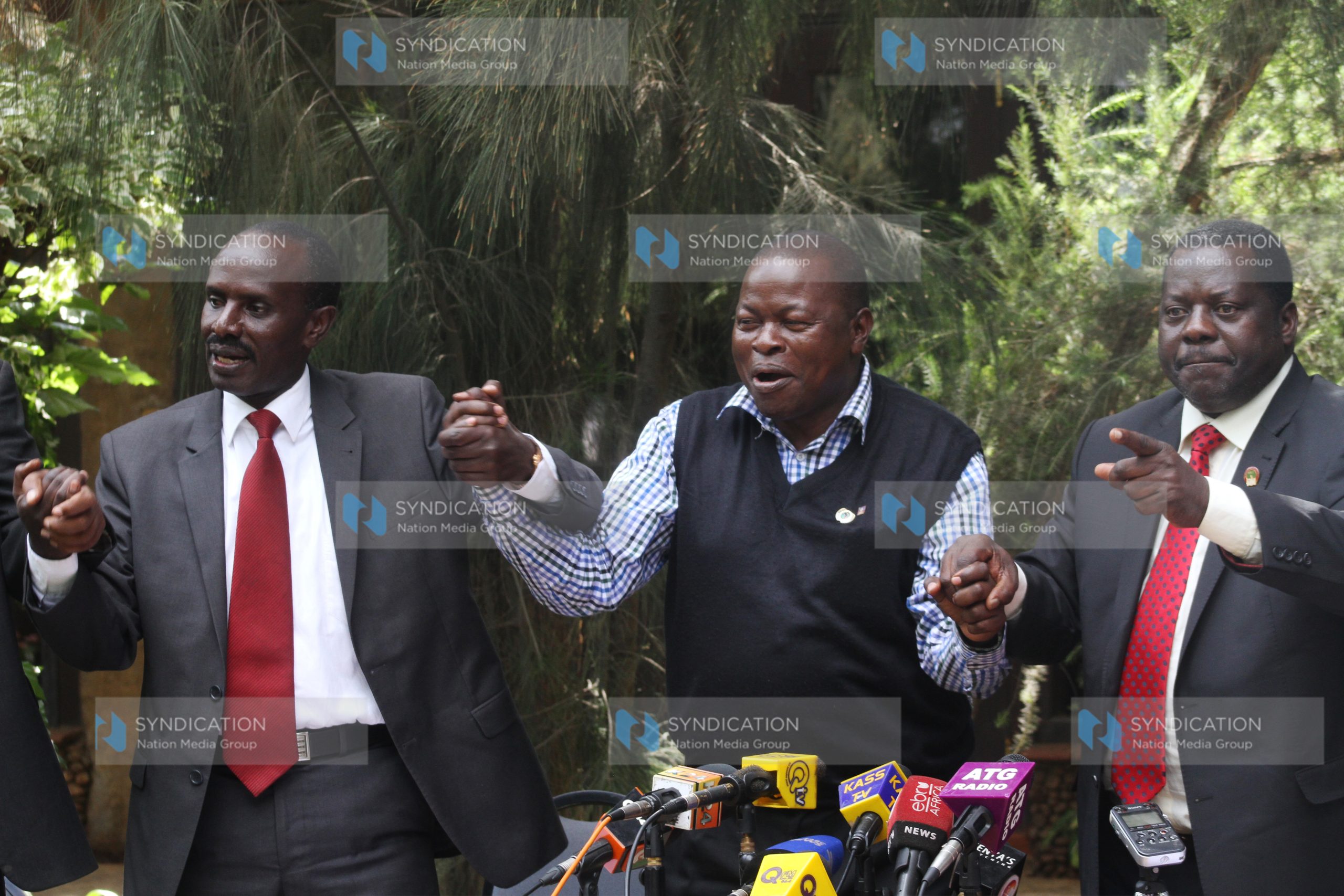KNUT Secretary General Wilson Sossion, KUPPET Secretary General Akelo Misori and KNUT chairman Mudzo Nzili