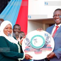 Kwale Governor Fatuma Achani receives instruments of power from her predecessor Salim Mvurya