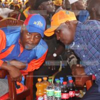 ODM National Chairman John Mbadi converse with businessman Jared Kiasa