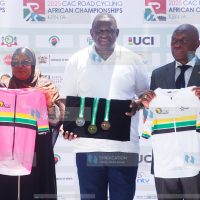 Sports Cabinet Secretary Salim Mvurya, CAC President Allah Kouame and Kwale Governor Fatuma Achani