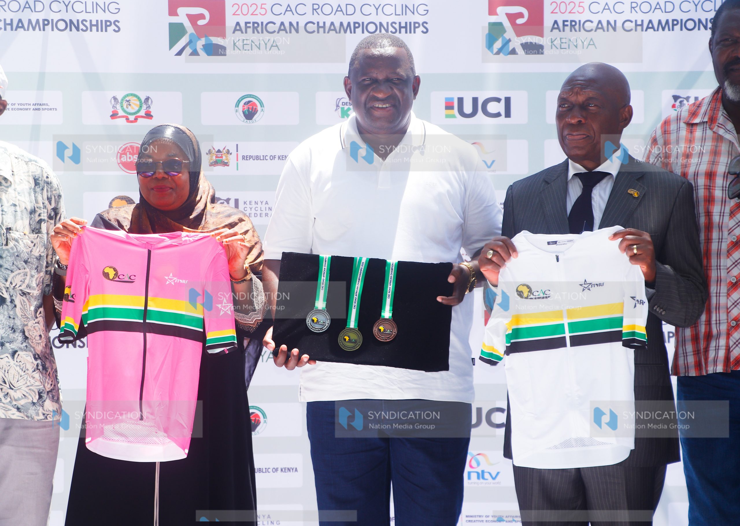 Sports Cabinet Secretary Salim Mvurya, CAC President Allah Kouame and Kwale Governor Fatuma Achani