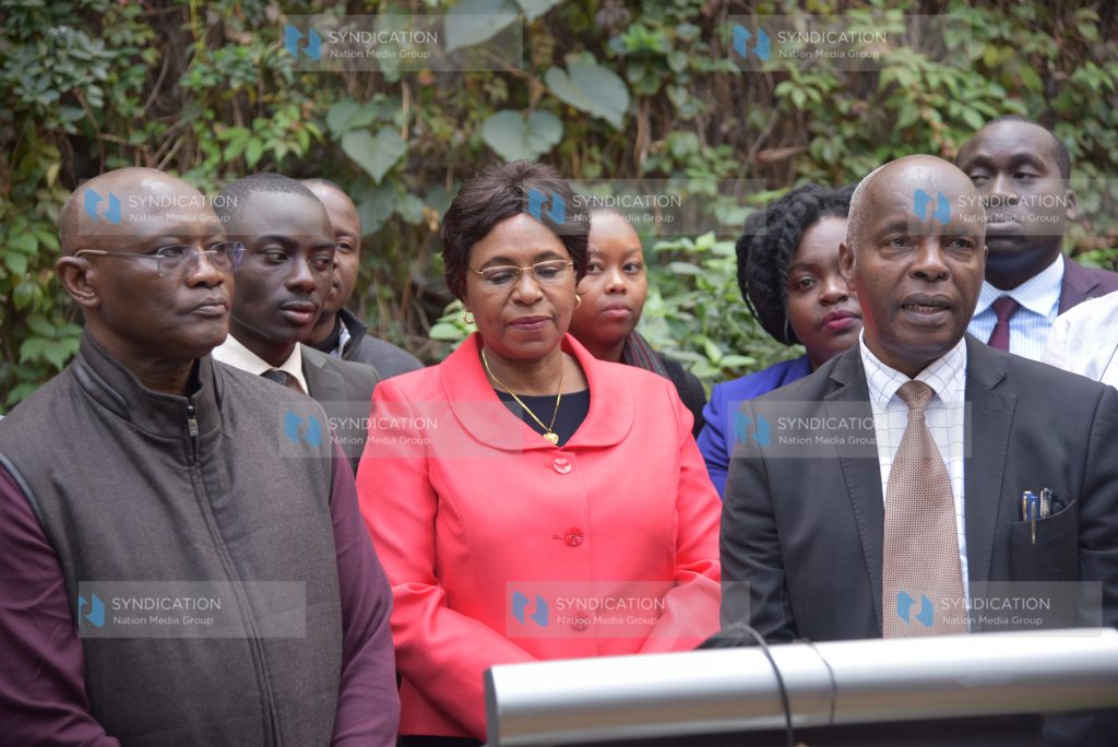 Makueni Governor Prof Kivuta Kibwana, CS for the Public Service, Youth and Gender Affairs Margaret Kobia and Kisii Governor James Ongwae