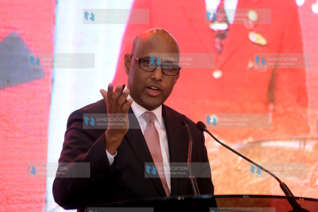 Cabinet Secretary, Industry, Trade and Cooperatives, Adan Mohamed speaks during a luncheon