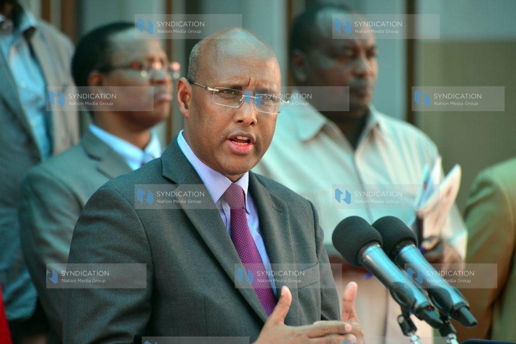 Acting Cabinet Secretary for Agriculture Adan Mohamed addressing journalists