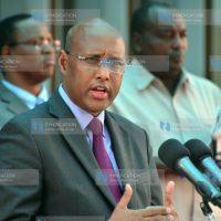 Acting Cabinet Secretary for Agriculture Adan Mohamed addressing journalists