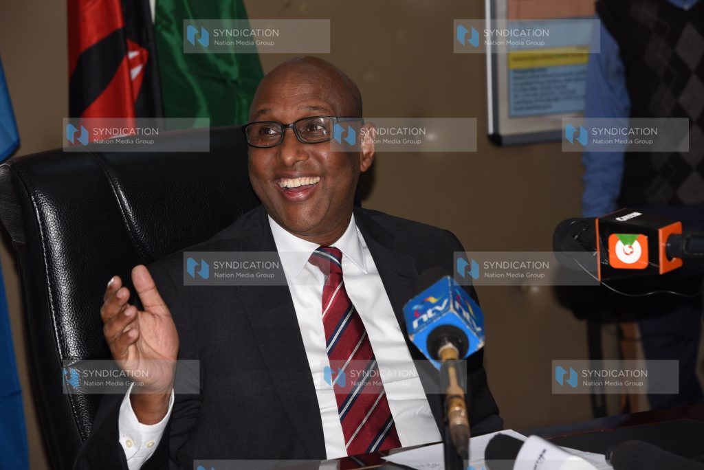 EAC Cabinet Secretary Adan Mohamed addressing journalists