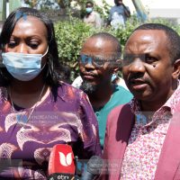 Acting Nairobi Governor Anne Kananu with BBI Secretariat Co-chair Dennis Waweru (right) addressing journalists
