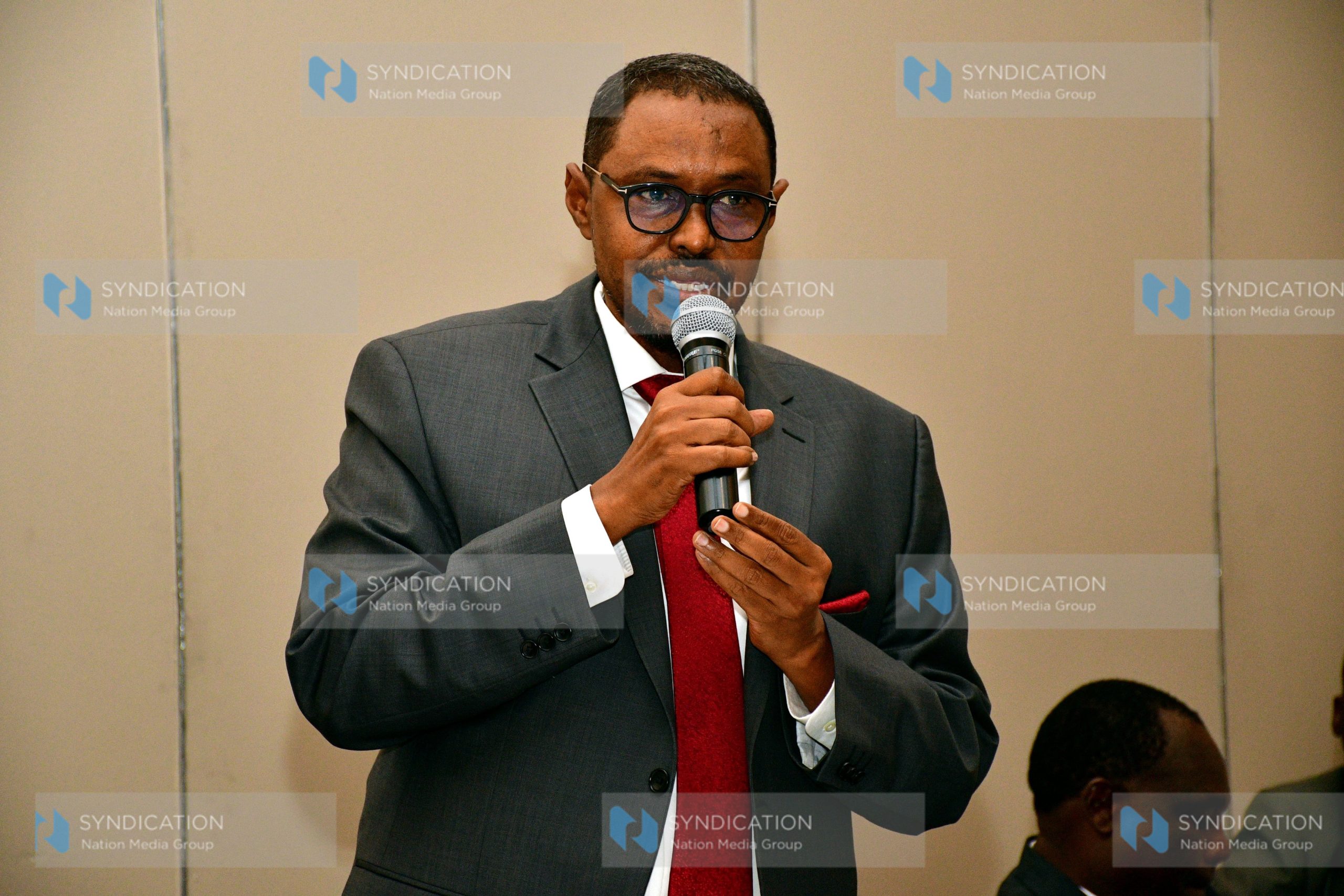 Wajir East MP Mohamed Aden Daudi makes his remarks during a meeting