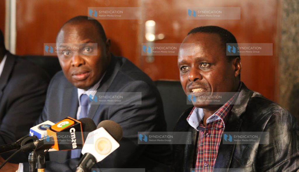 Senate Committee Chair on Agriculture Lenny Kivuti, flanked by Agriculture Cabinet Secretary Felix Koskei, addresses the press