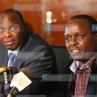Senate Committee Chair on Agriculture Lenny Kivuti, flanked by Agriculture Cabinet Secretary Felix Koskei, addresses the press