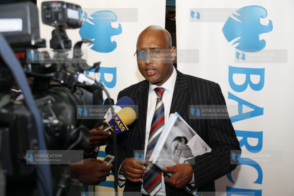 Barclays Bank of Kenya Managing Director Adan Mohamed speaking to the media