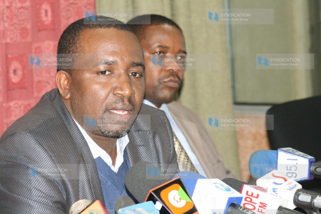 Igembe North MP Mithika Linturi (left) and Kaloleni MP Kambi Kazungu address journalists