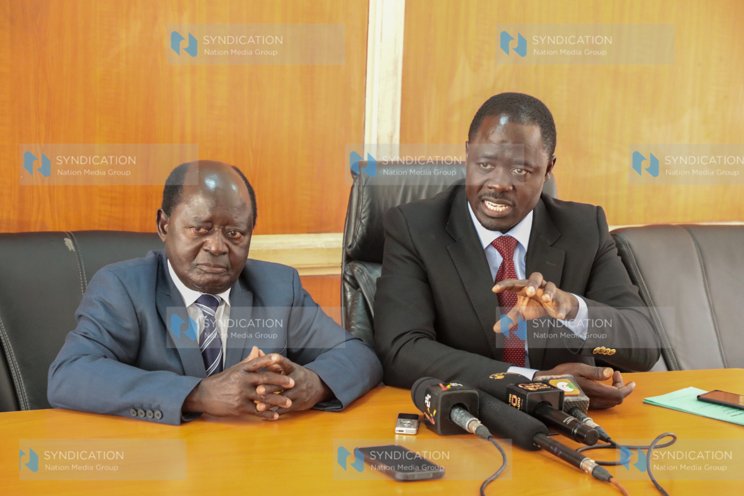 Homa Bay Town MP George Peter Opondo Kaluma (right) and Karachuonyo MP Andrew Adipo Okuome addressing the media