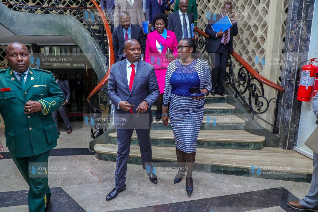 Prof. Kithure Kindiki and Dagoretti North member of Parliament Beatrice Elachi at Parliament buildings