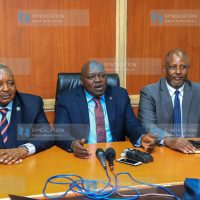 A section of UDA legislators led by Nandi Senator Samson Kiprotich Cherarkey (centre) Saku MP Rasso Dido Ali (right) and Baringo North MP Joseph Makilap (left) after addressing media