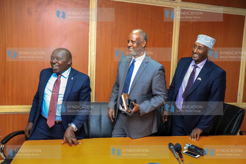 A section of UDA legislators led by Nandi Senator Samson Kiprotich Cherarkey (Left) Saku MP Rasso Dido Ali (Centre) and Baringo North MP Joseph Makilap (right) after addressing media
