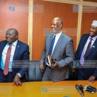 A section of UDA legislators led by Nandi Senator Samson Kiprotich Cherarkey (Left) Saku MP Rasso Dido Ali (Centre) and Baringo North MP Joseph Makilap (right) after addressing media